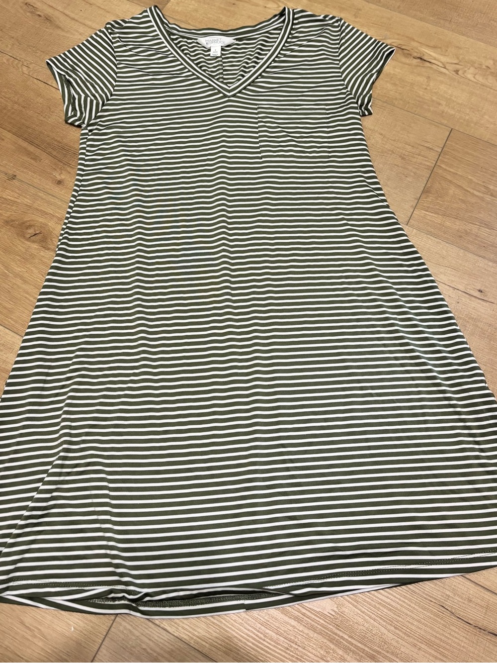 Market & Spruce Olive and White Striped V-Neck Tee Dress